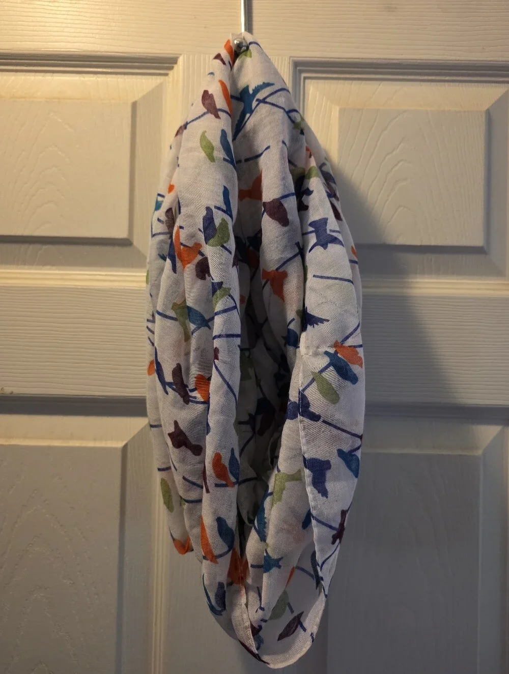 White Infinity Scarf with Colorful Bird Print